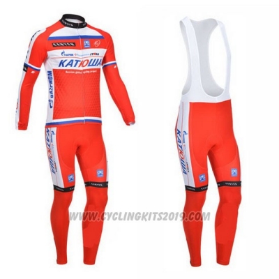 2013 Cycling Jersey Katusha White and Red Long Sleeve and Bib Tight