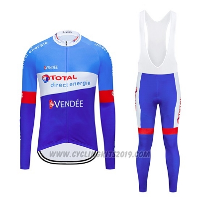 2019 Cycling Jersey Direct Energie Blue White Long Sleeve and Bib Tight
