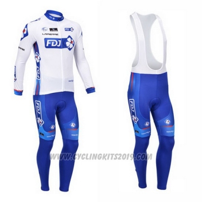 2013 Cycling Jersey FDJ White and Sky Blue Long Sleeve and Bib Tight