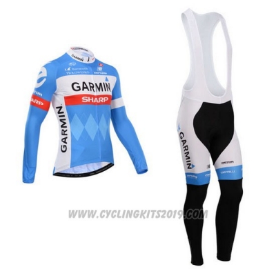 2014 Cycling Jersey Garmin Sharp Light Blue and White Long Sleeve and Bib Tight