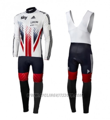 2016 Cycling Jersey Sky Campione Regno Unito White and Red Long Sleeve and Bib Tight